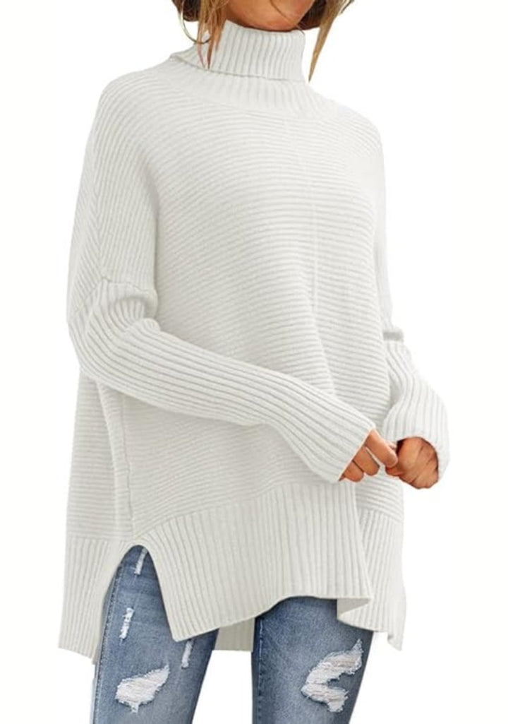 Women's Oversized Ribbed Knit Turtleneck Jumper High-Low Hem