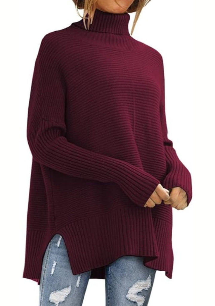 Women's Oversized Ribbed Knit Turtleneck Jumper High-Low Hem