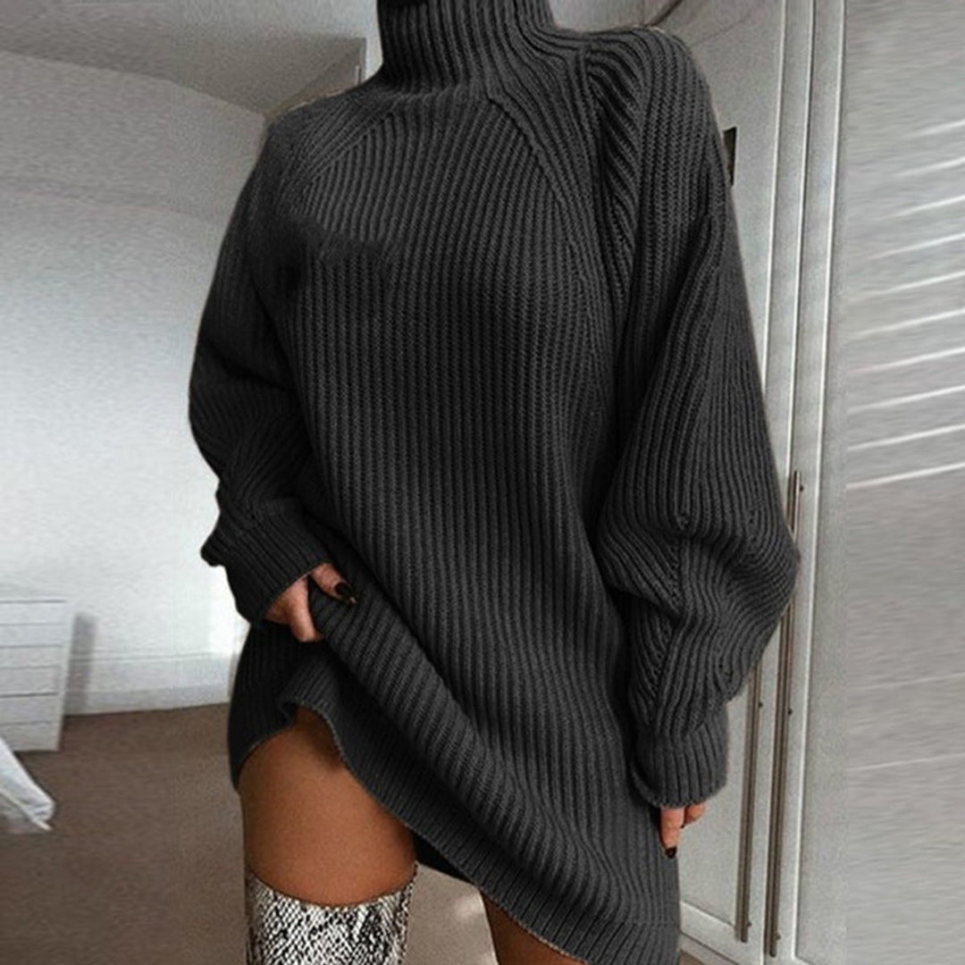 Women's Oversized Turtleneck Ribbed Knitted Dress