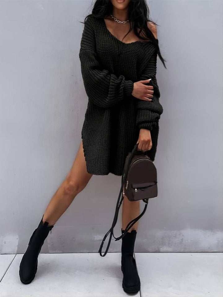 Women's Oversized V-Neck Chunky Knitted Dress