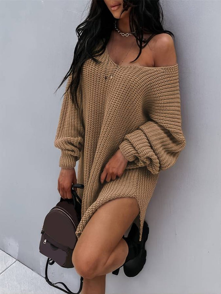 Women's Oversized V-Neck Chunky Knitted Dress