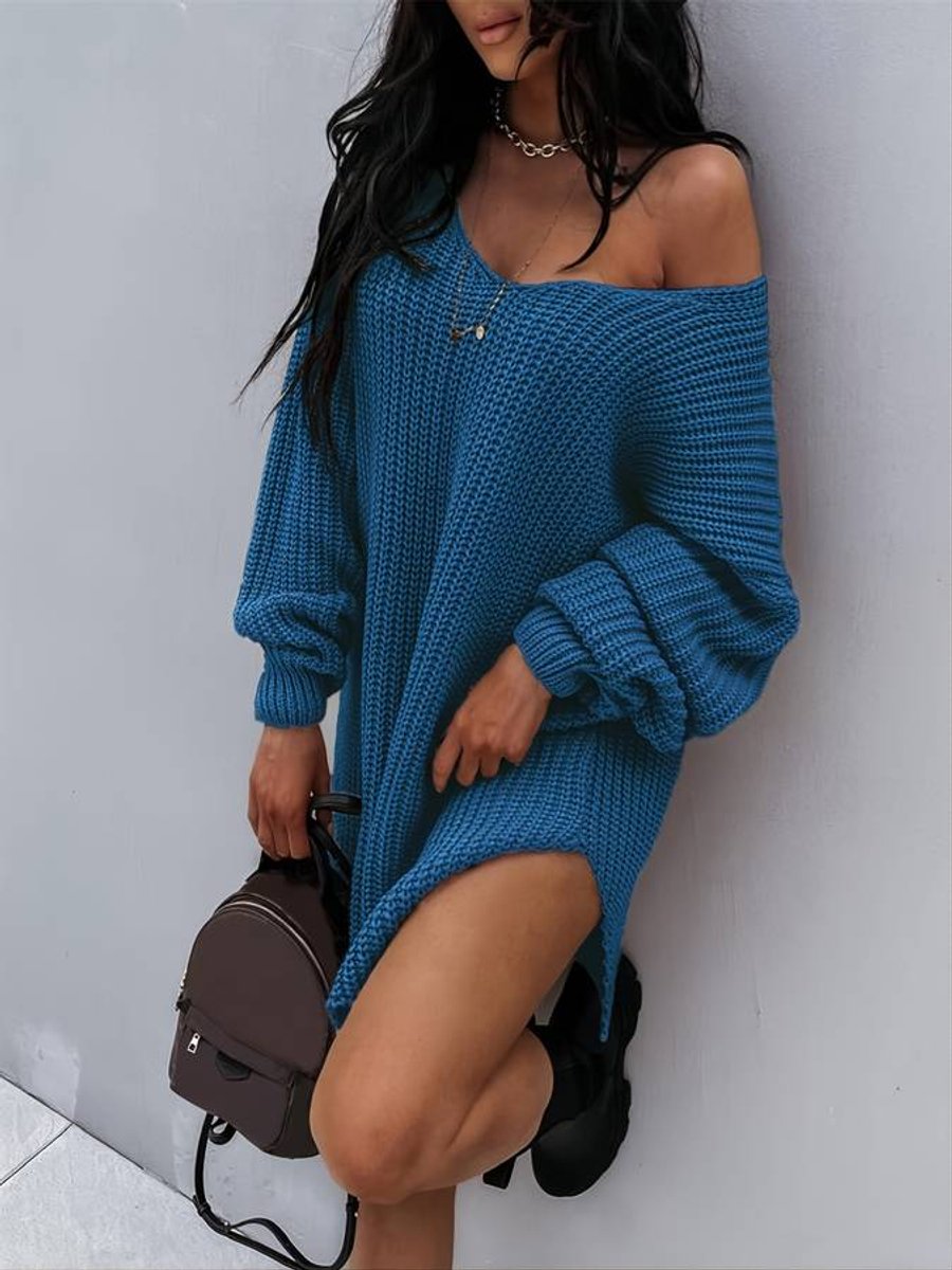 Women's Oversized V-Neck Chunky Knitted Dress