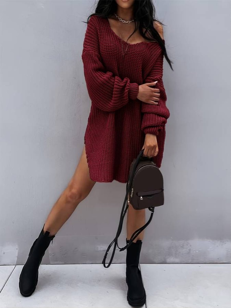 Women's Oversized V-Neck Chunky Knitted Dress