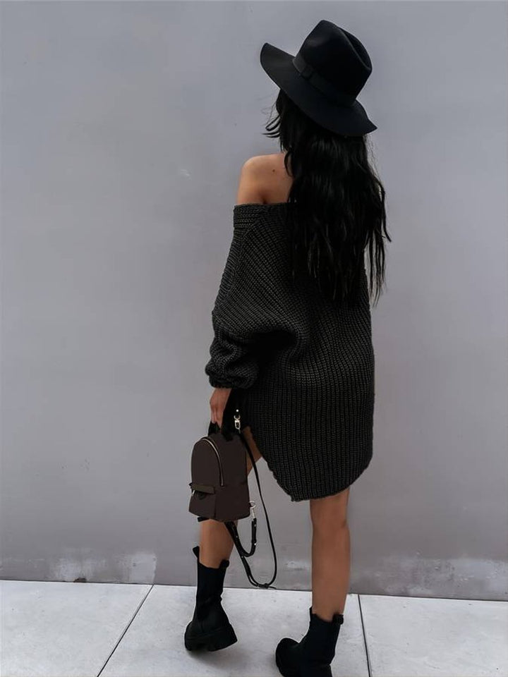 Women's Oversized V-Neck Chunky Knitted Dress