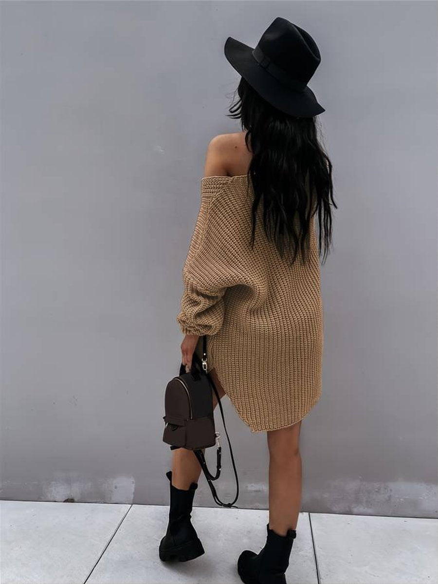 Women's Oversized V-Neck Chunky Knitted Dress