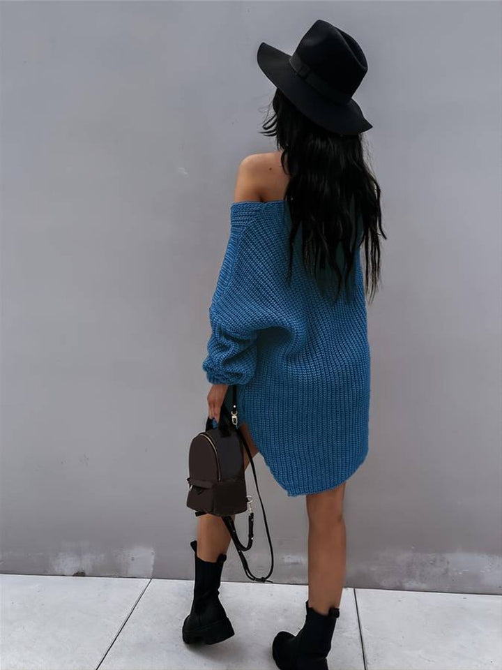 Women's Oversized V-Neck Chunky Knitted Dress