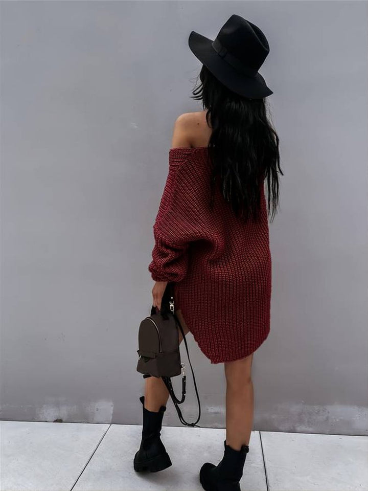 Women's Oversized V-Neck Chunky Knitted Dress