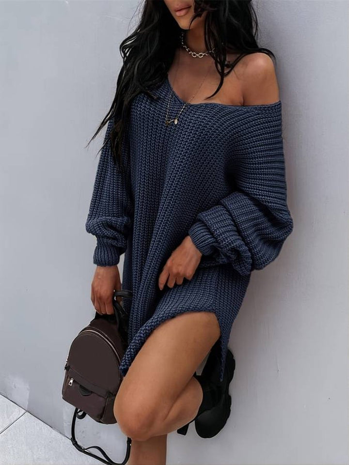 Women's Oversized V-Neck Chunky Knitted Dress