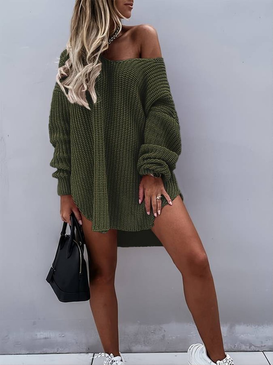 Women's Oversized V-Neck Chunky Knitted Dress