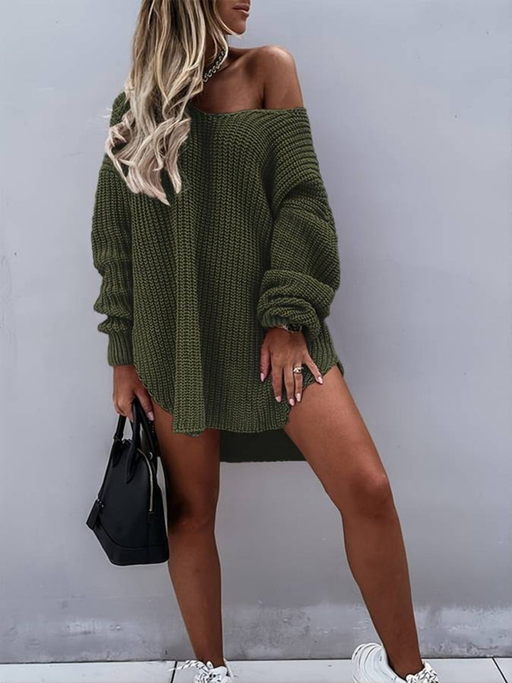 Women's Oversized V-Neck Chunky Knitted Dress