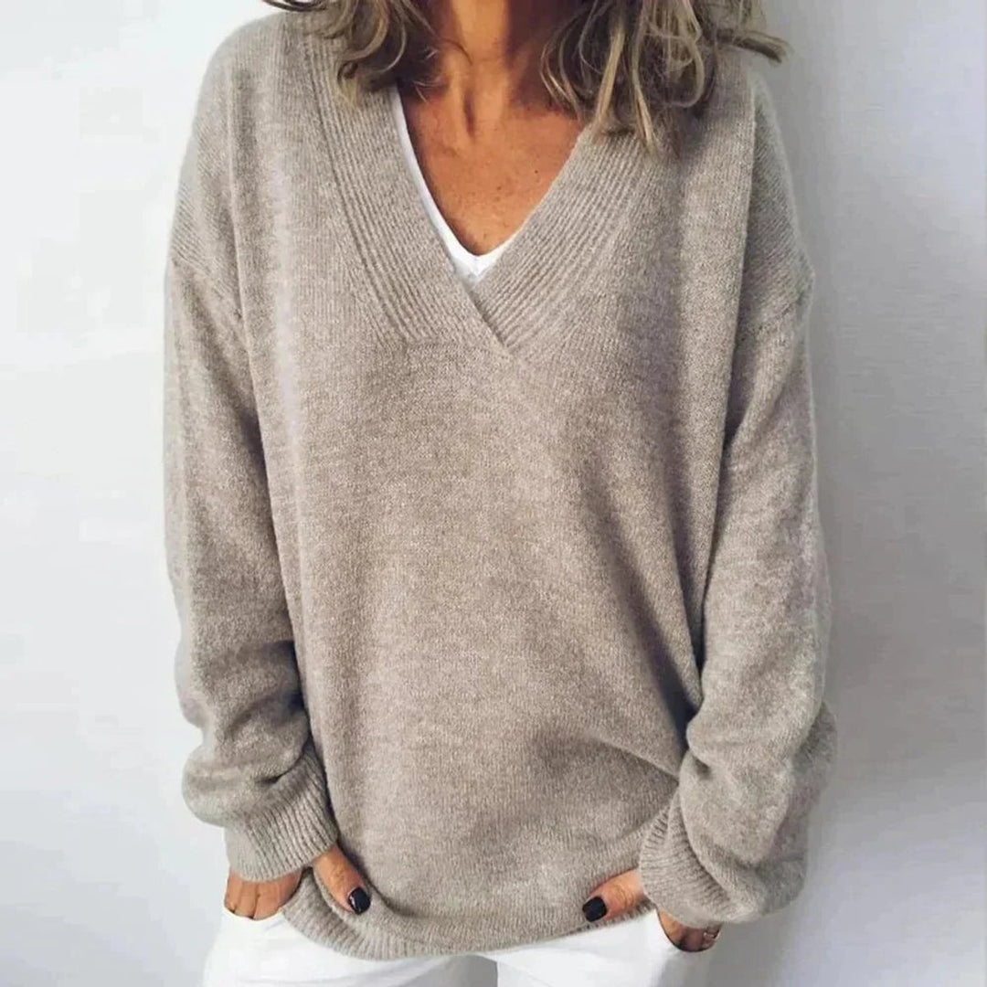 Women's Oversized V-Neck Long Sleeve Knitted Sweater Jumper