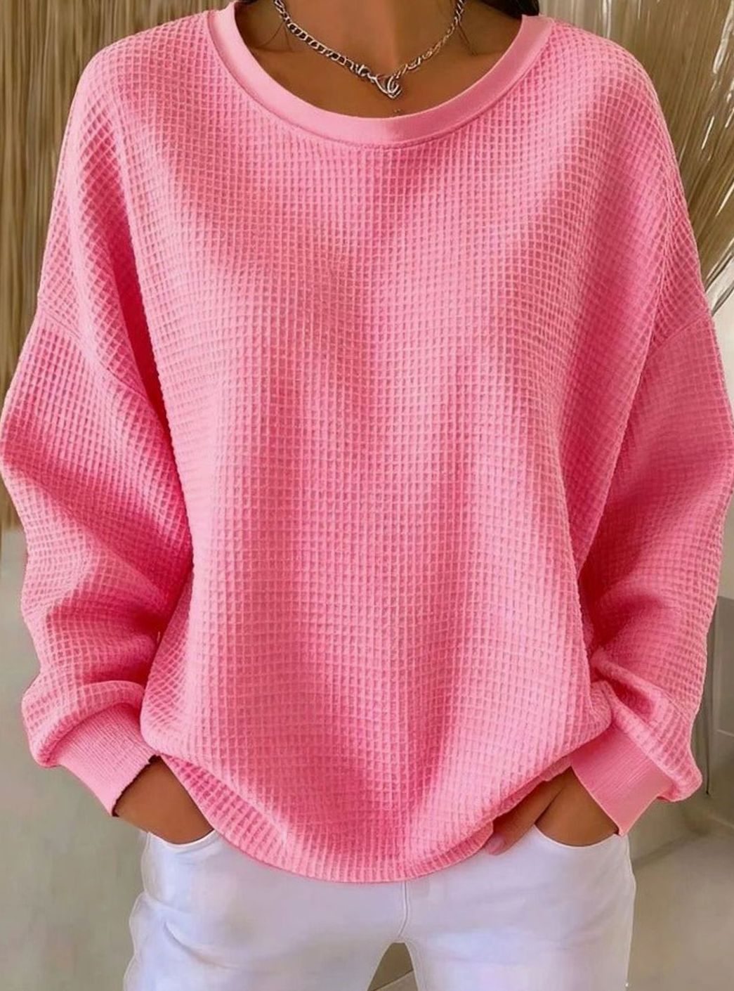 Women's Oversized Waffle-Knit Crew-Neck Long-Sleeve Jumper