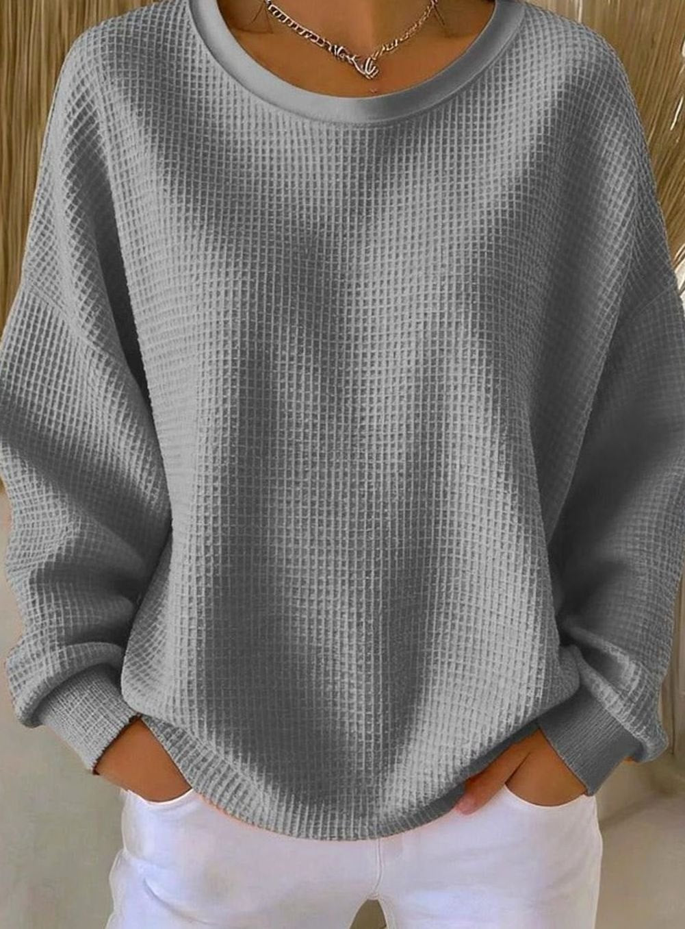 Women's Oversized Waffle-Knit Crew-Neck Long-Sleeve Jumper