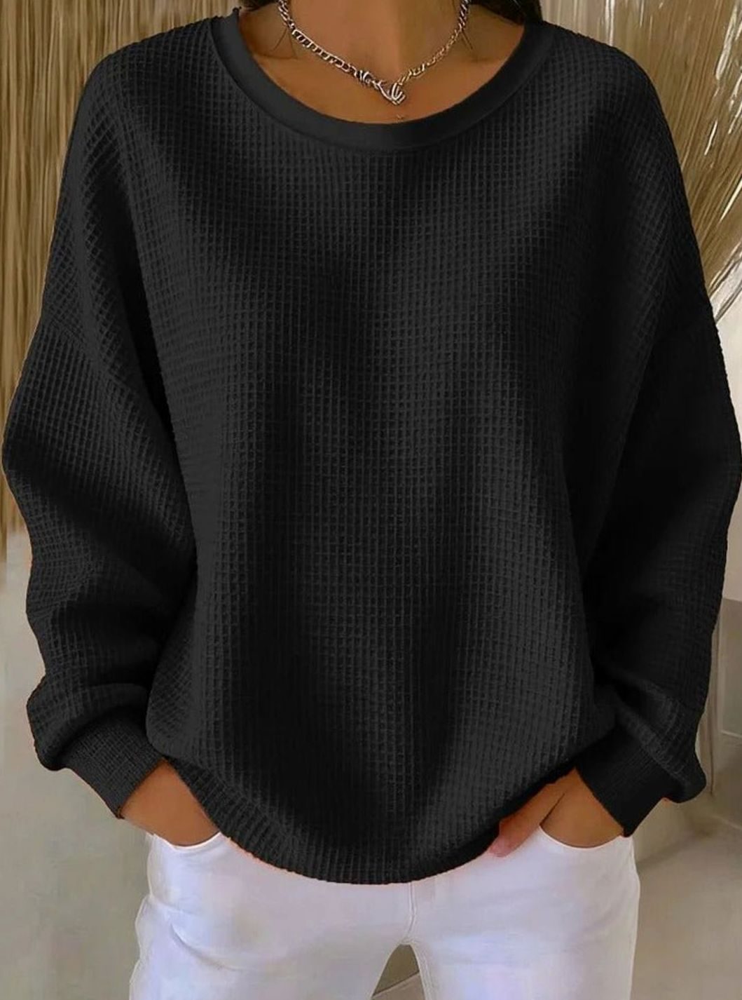 Women's Oversized Waffle-Knit Crew-Neck Long-Sleeve Jumper