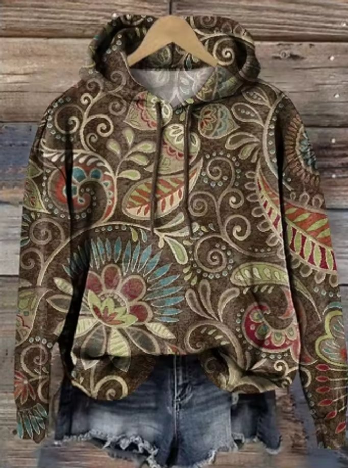 Women's Paisley Hooded Knitted Sweater Oversized Casual Pullover