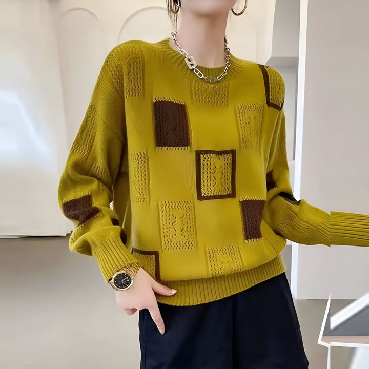 Women's Patchwork Crochet Knitted Sweater Relaxed Round-Neck Pullover