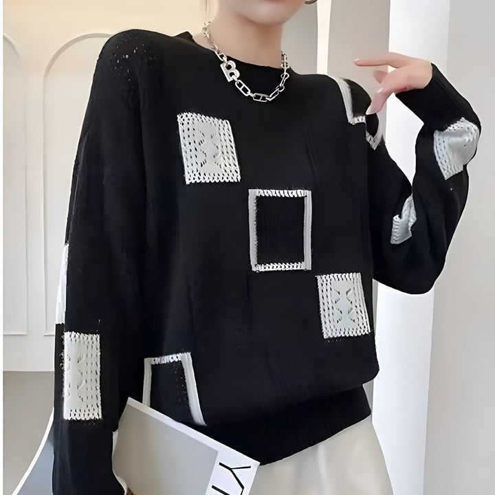 Women's Patchwork Crochet Knitted Sweater Relaxed Round-Neck Pullover