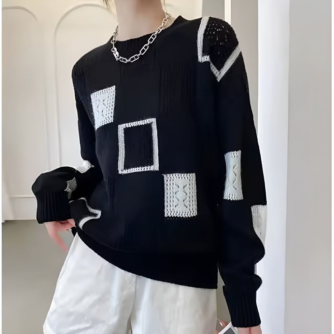 Women's Patchwork Crochet Knitted Sweater Relaxed Round-Neck Pullover