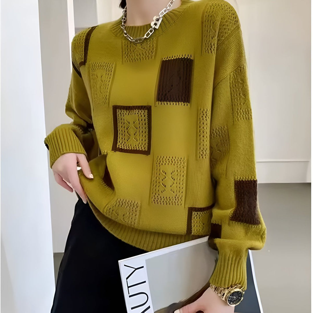 Women's Patchwork Crochet Knitted Sweater Relaxed Round-Neck Pullover