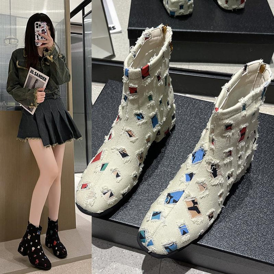 Women's Patchwork Denim Ankle Heeled Boots Side-Zip