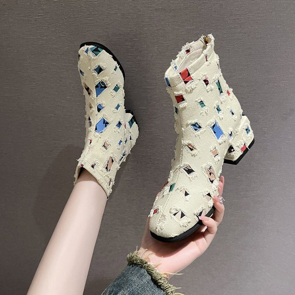 Women's Patchwork Denim Ankle Heeled Boots Side-Zip