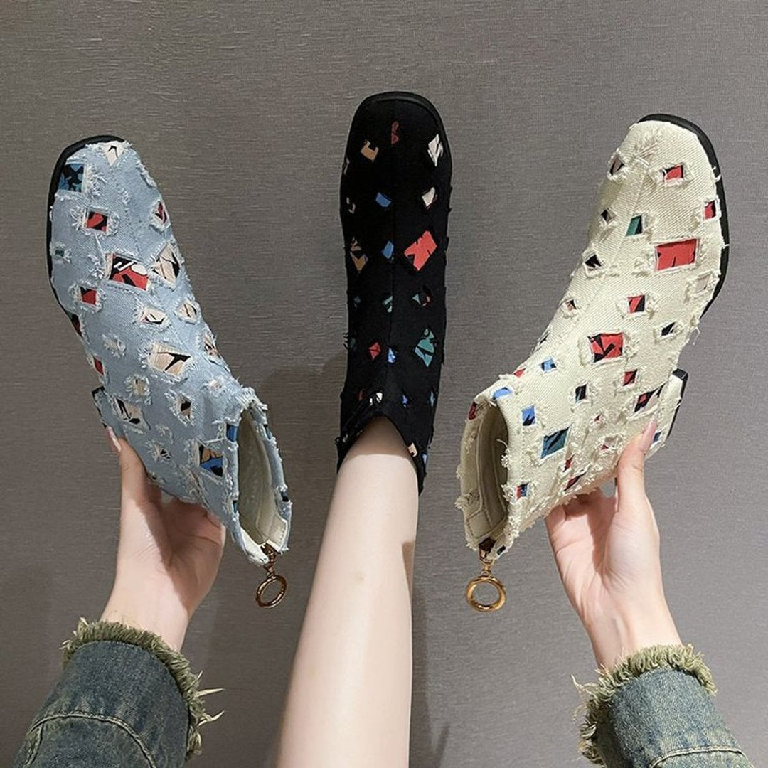 Women's Patchwork Denim Ankle Heeled Boots Side-Zip