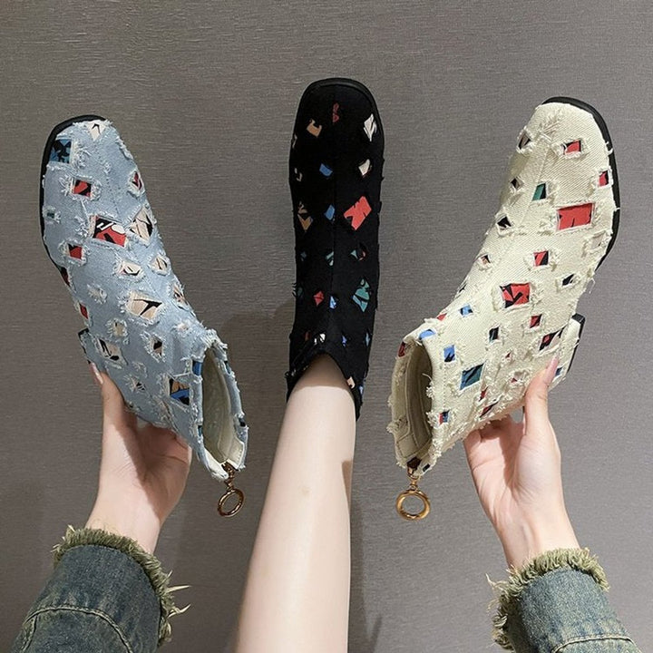 Women's Patchwork Denim Ankle Heeled Boots Side-Zip
