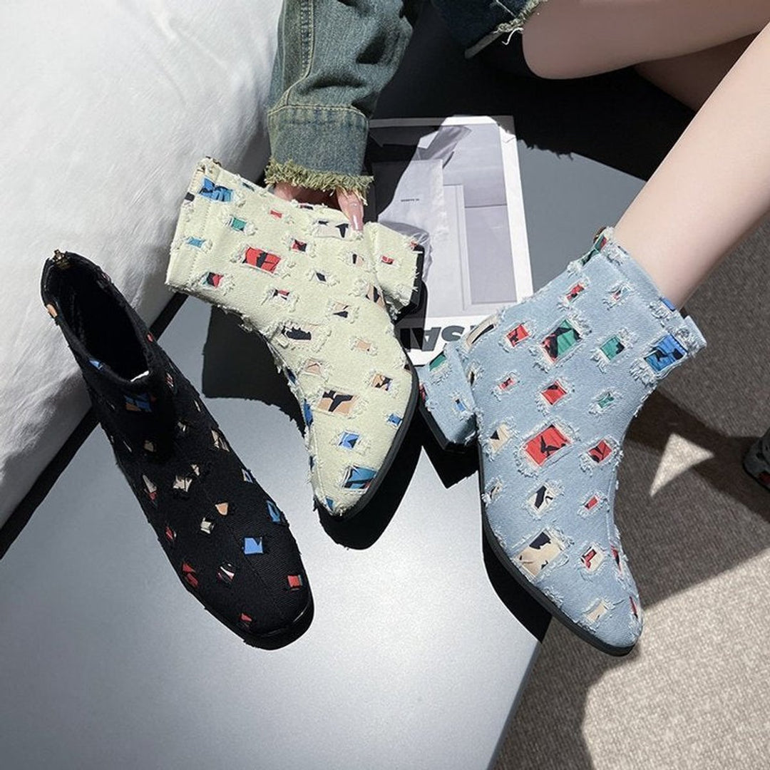 Women's Patchwork Denim Ankle Heeled Boots Side-Zip