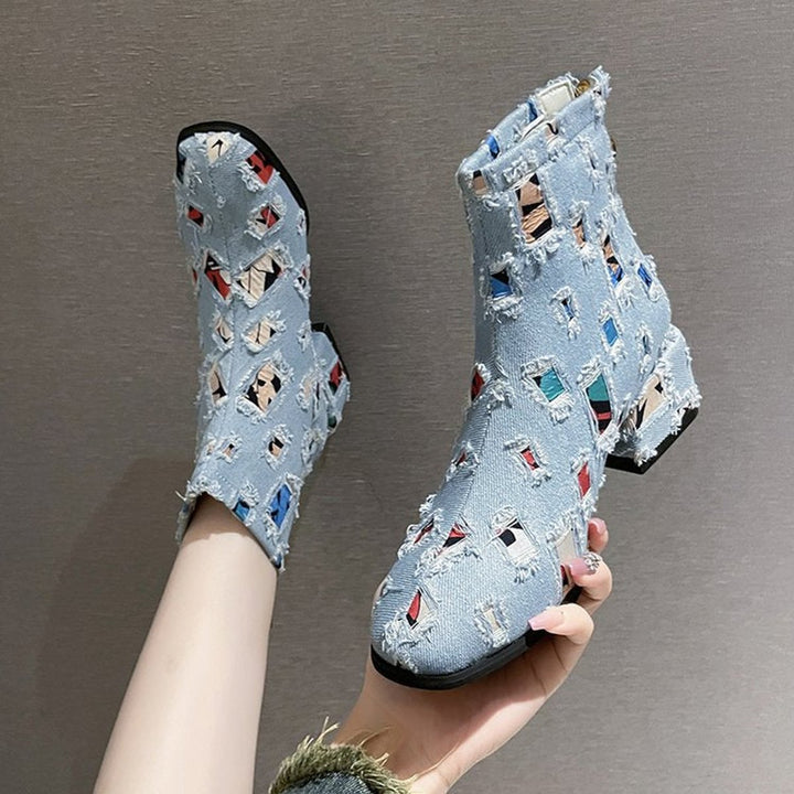 Women's Patchwork Denim Ankle Heeled Boots Side-Zip