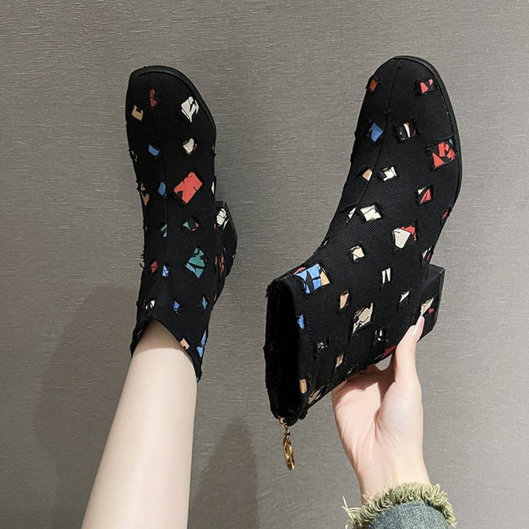 Women's Patchwork Denim Ankle Heeled Boots Side-Zip