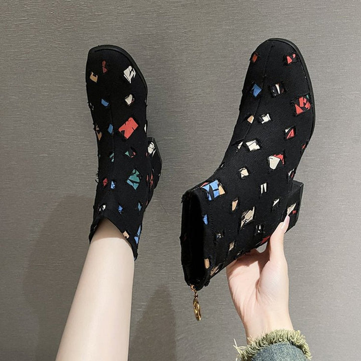 Women's Patchwork Denim Ankle Heeled Boots Side-Zip