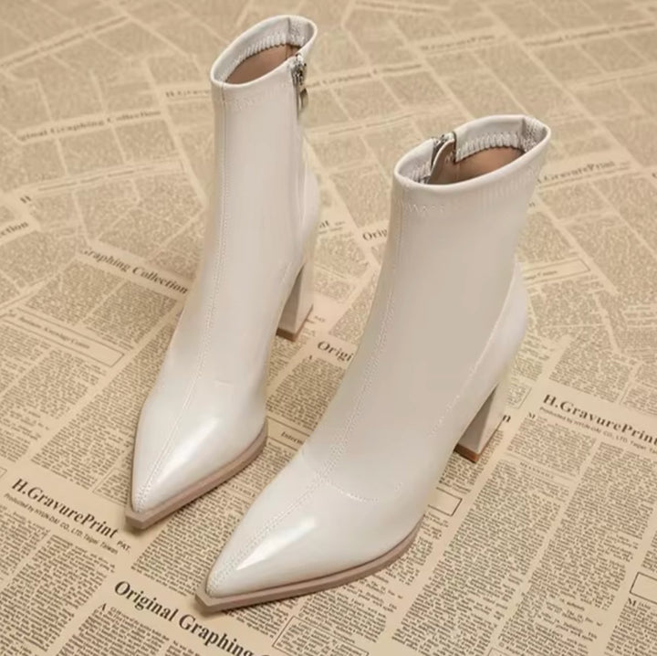Women's Patent Leather Pointed-Toe Ankle Heeled Boots