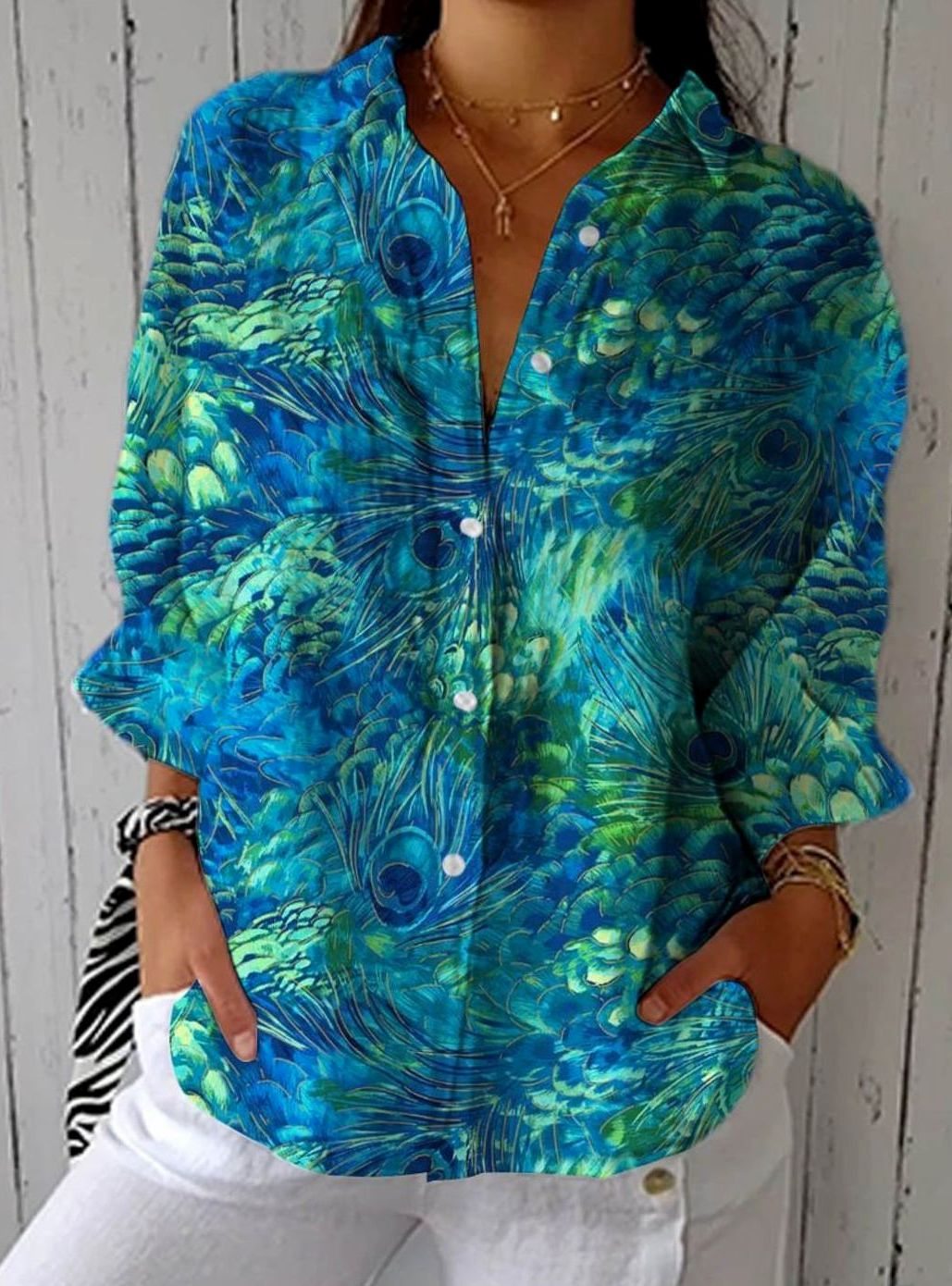 Women's Peacock Feather Print Long-Sleeve Button-Up Blouse
