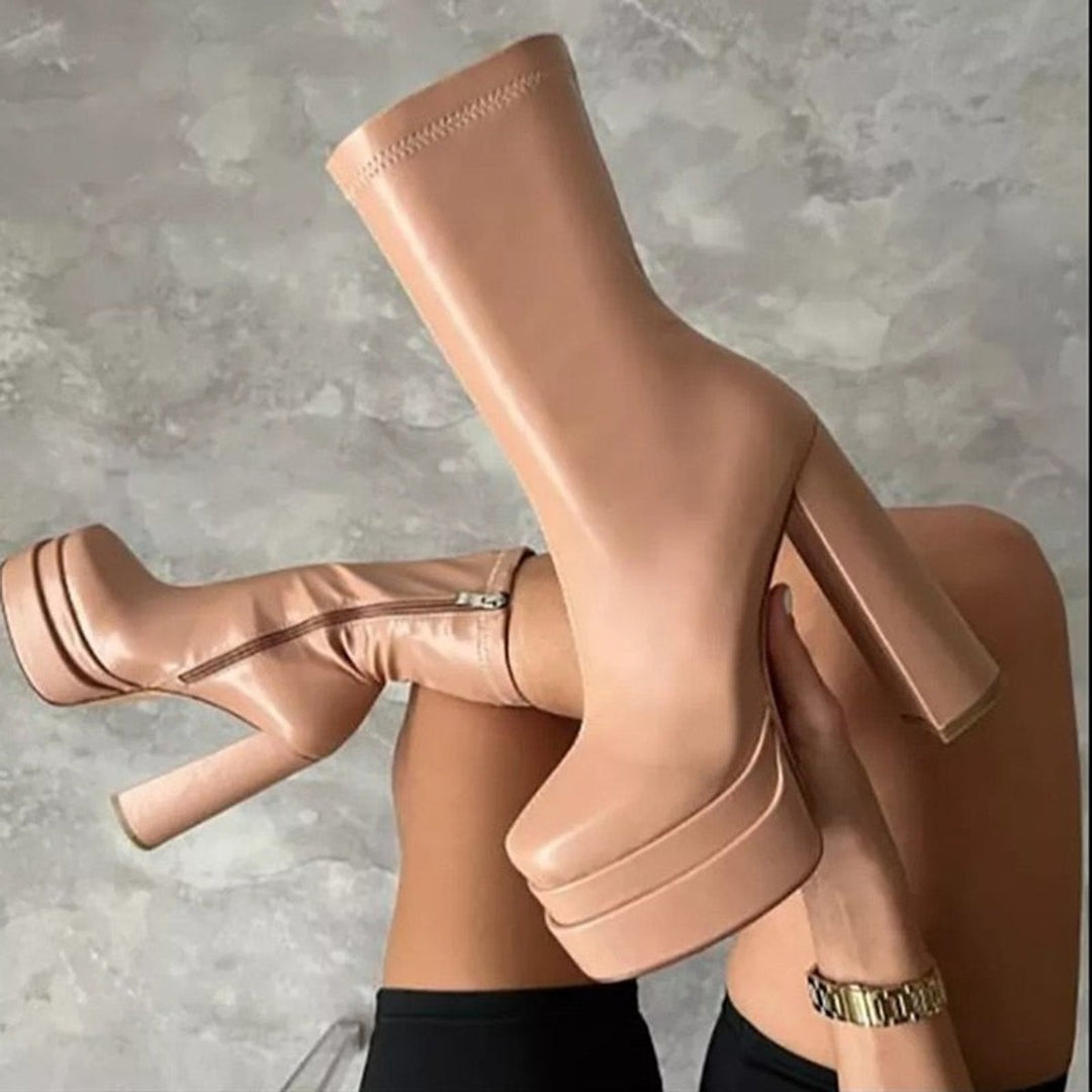 Women's Platform Block-Heel Ankle Heeled Boots Sock-Fit