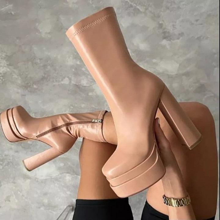 Women's Platform Block-Heel Ankle Heeled Boots Sock-Fit