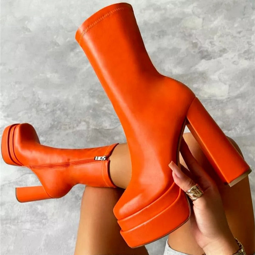 Women's Platform Block-Heel Ankle Heeled Boots Sock-Fit