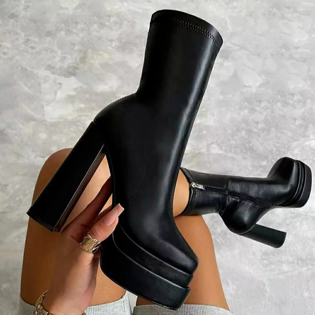 Women's Platform Block-Heel Ankle Heeled Boots Sock-Fit