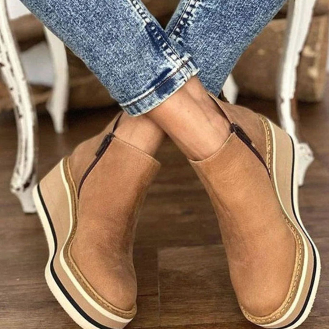 Women's Platform Wedge Ankle Chelsea Boots Leather-Look - Beige