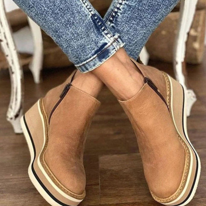 Women's Platform Wedge Ankle Chelsea Boots Leather-Look - Beige