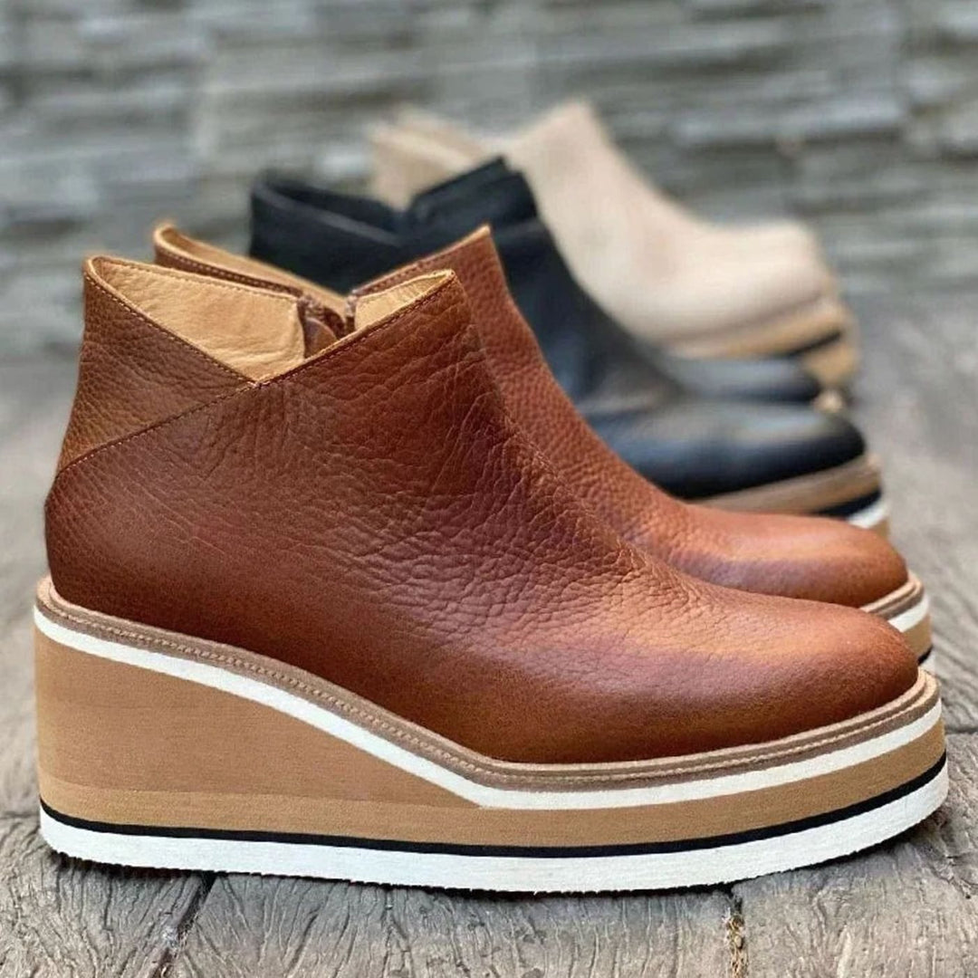 Women's Platform Wedge Ankle Chelsea Boots Leather-Look