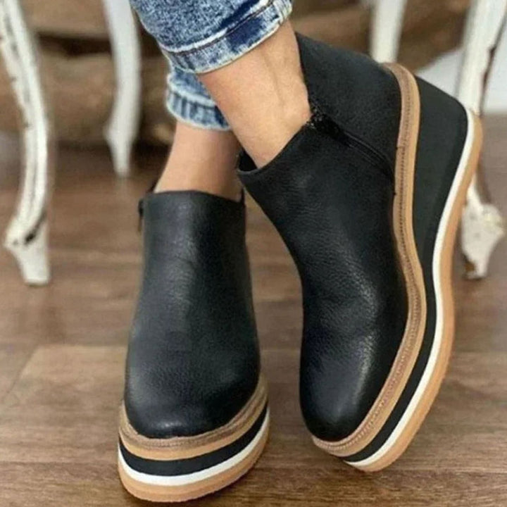 Women's Platform Wedge Ankle Chelsea Boots Leather-Look - Black