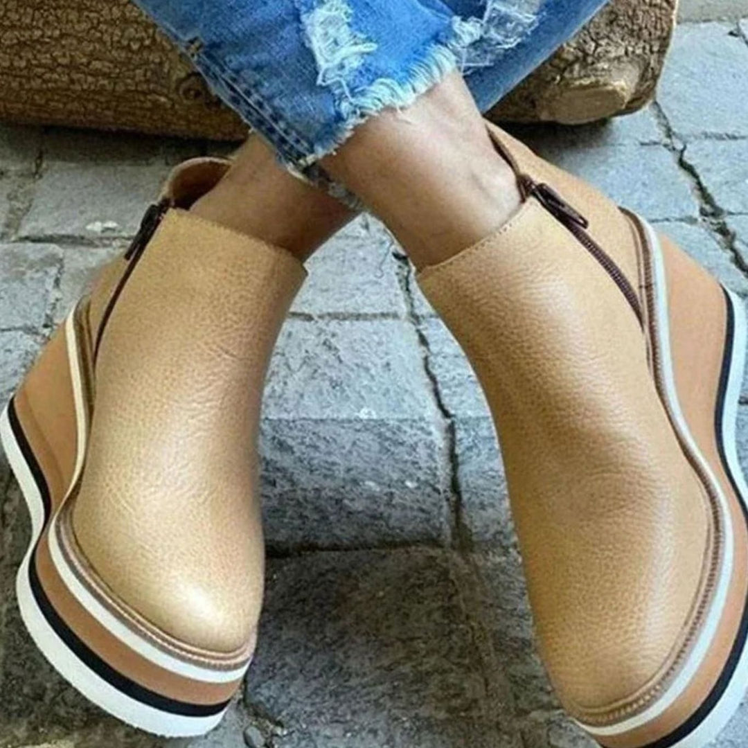 Women's Platform Wedge Ankle Chelsea Boots Leather-Look - Khaki