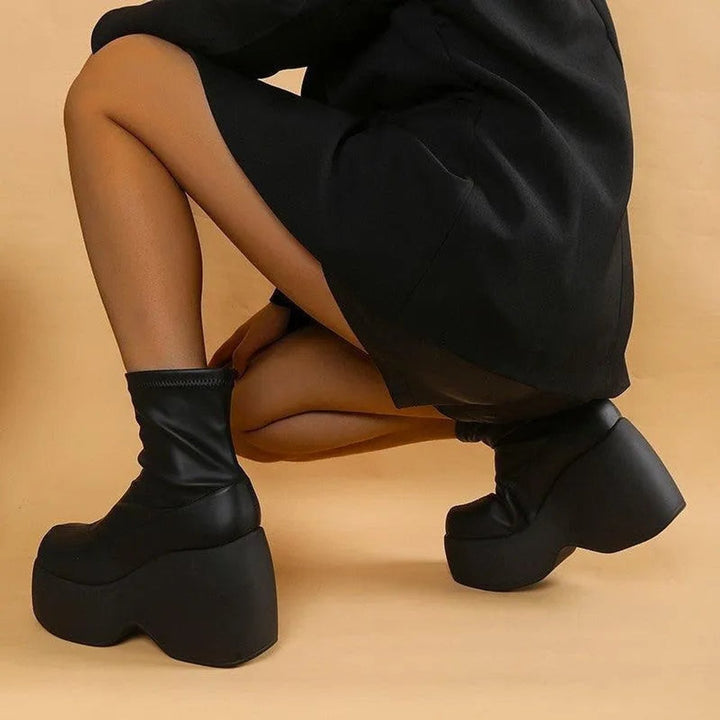 Women's Platform Wedge Ankle Heeled Boots PU Leather Sock Fit