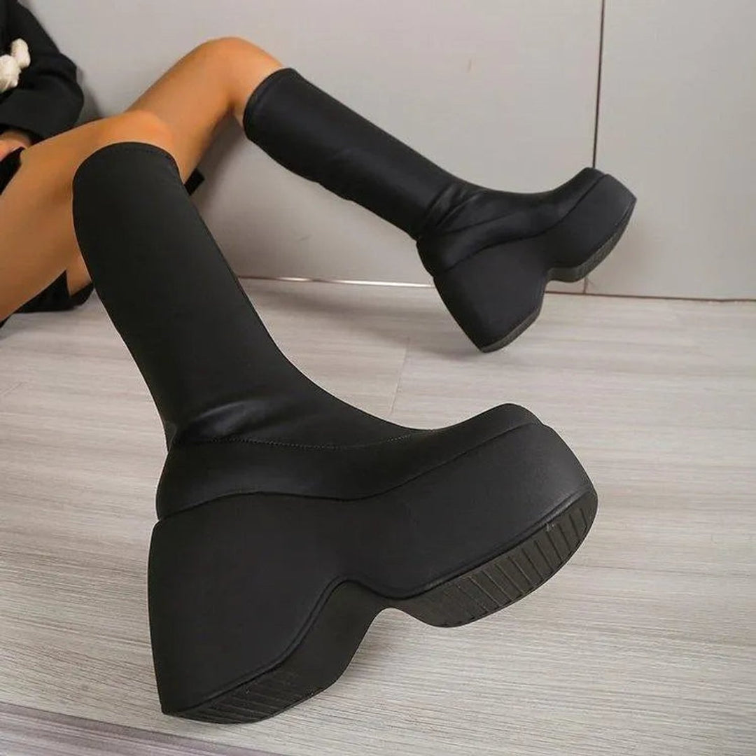 Women's Platform Wedge Ankle Heeled Boots PU Leather Sock Fit