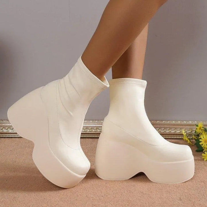 Women's Platform Wedge Ankle Heeled Boots PU Leather Sock Fit