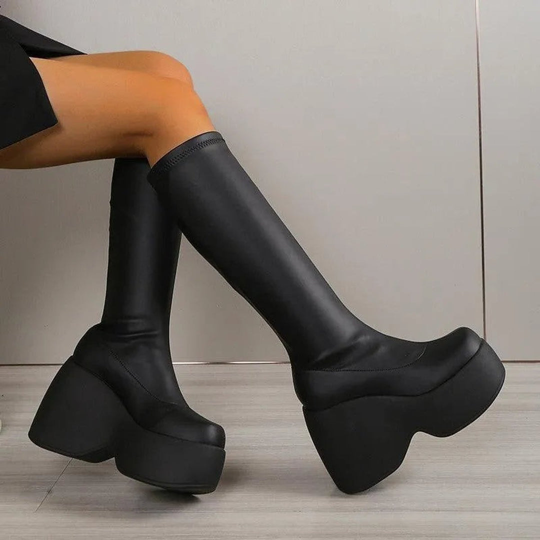 Women's Platform Wedge Ankle Heeled Boots PU Leather Sock Fit