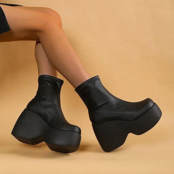 Women's Platform Wedge Ankle Heeled Boots PU Leather Sock Fit