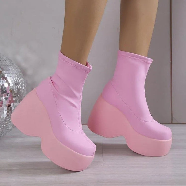 Women's Platform Wedge Ankle Heeled Boots PU Leather Sock Fit