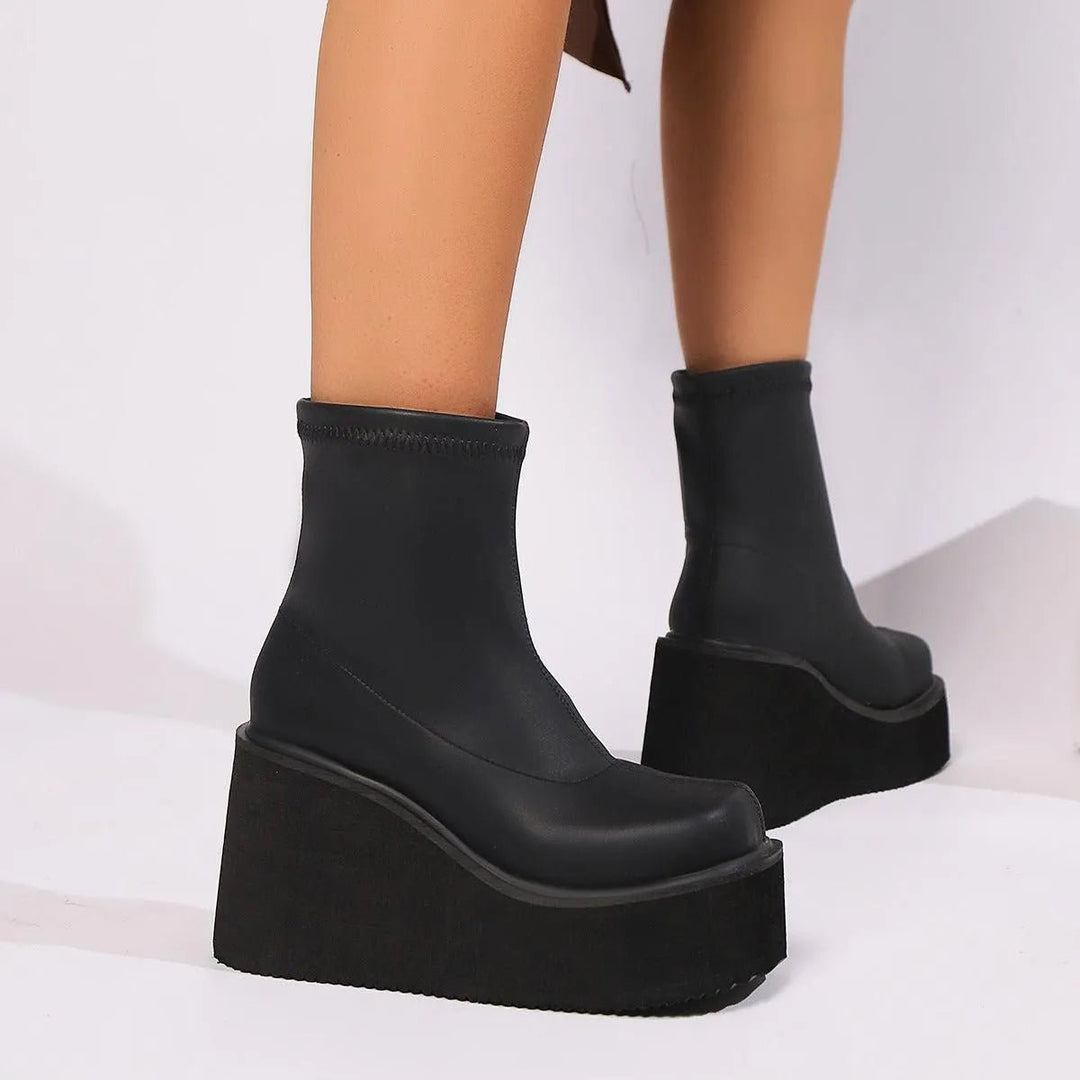 Women's Platform Wedge Sock Ankle Heeled Boots Square Toe