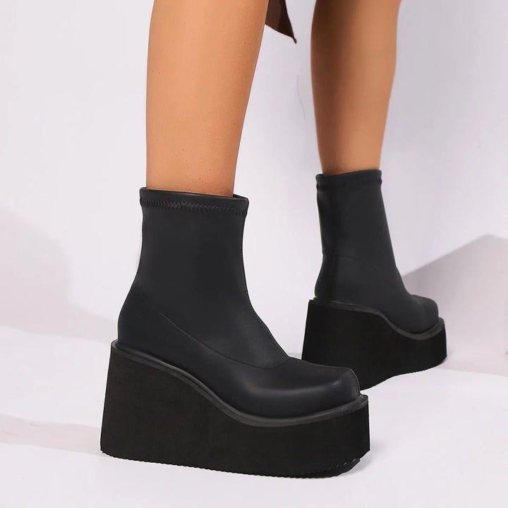 Women's Platform Wedge Sock Ankle Heeled Boots Square Toe